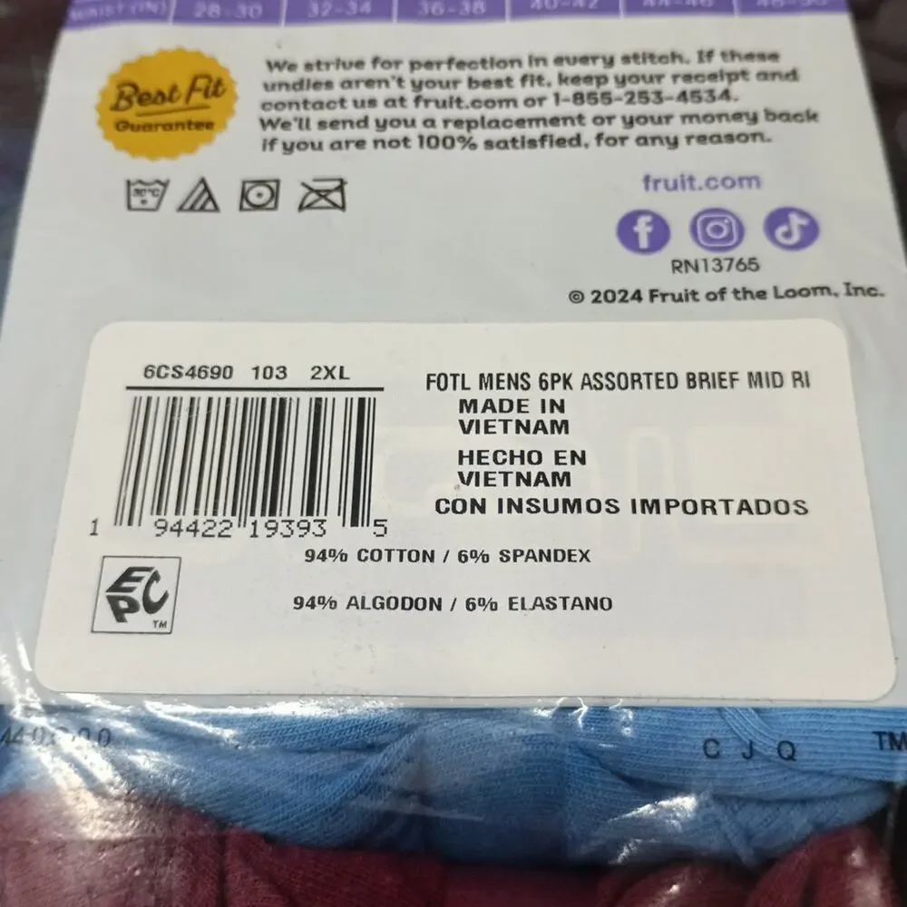 Fruit of the Loom Men's Assorted‎ Fashion Mid-rise Briefs Size 2XL 44-46 In